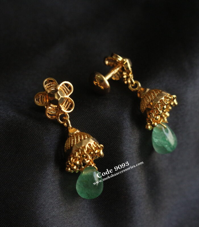 Gold jhumki with real emerald drops