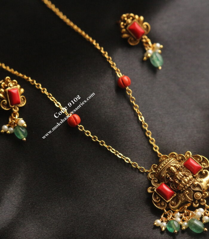 Coral lakshmi devi pendant set with gold chain