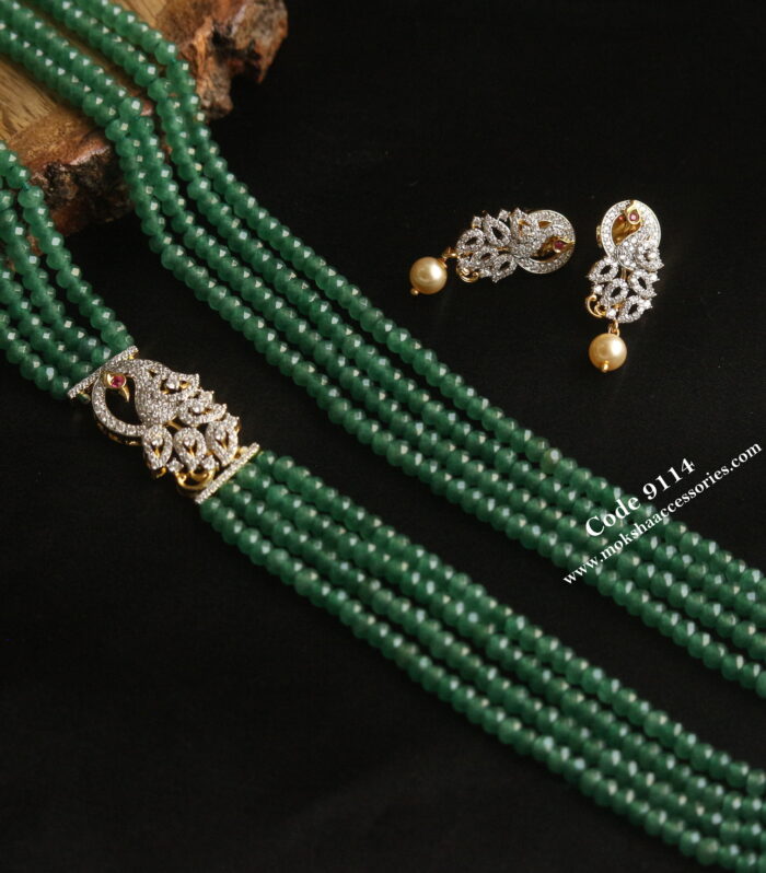 CZ side pendant with emerald beads and earrings