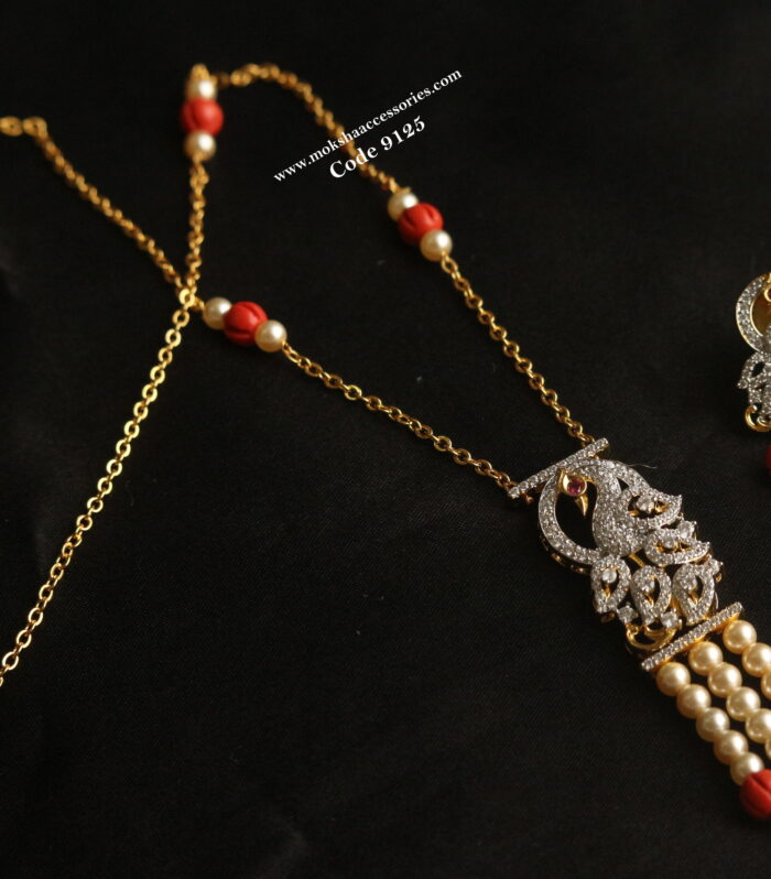 CZ pendant set with gold chain and coral pumpkin beads