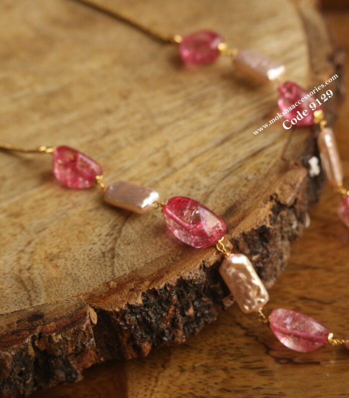 Natural beads and fresh pearls with gold chain mala