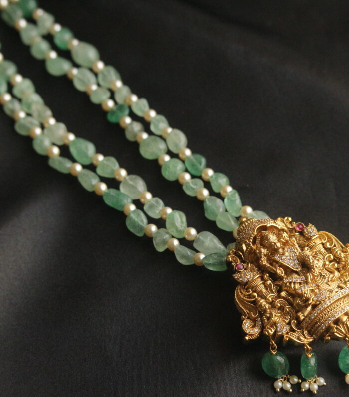 Lakshmi devi nakshi pendant with natural emerald and sarvoski pearls mala
