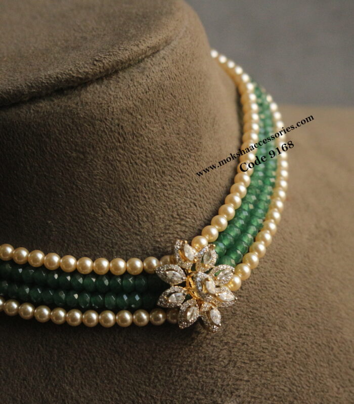 CZ pendant with sarvoski pearls and emerald beads