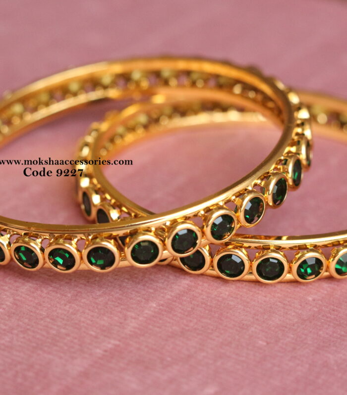 Emerald cz stone gold bangles set of 2 (Available in 2.4, 2.6,2.8)