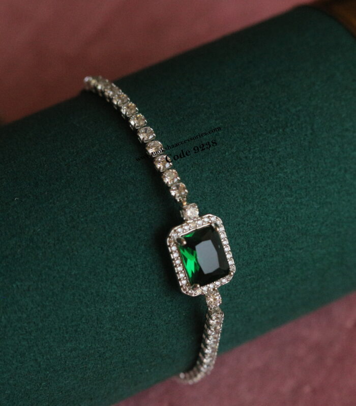 CZ emerald stone silver adjustable auto lock bracelet