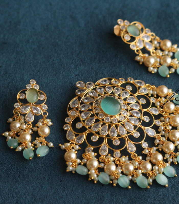 kundan pendant with back hook and earrings with back screw