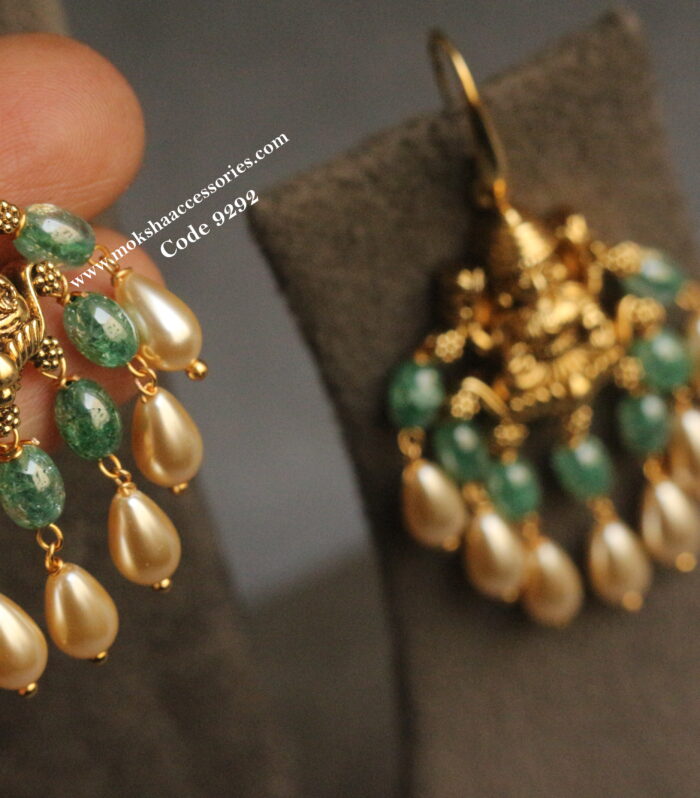 Lakshmi devi earrings with Real CZ glass beads and sarvoski pearl drops