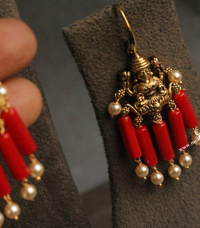 Lakshmi devi earrings with coral and sarvoski pearls