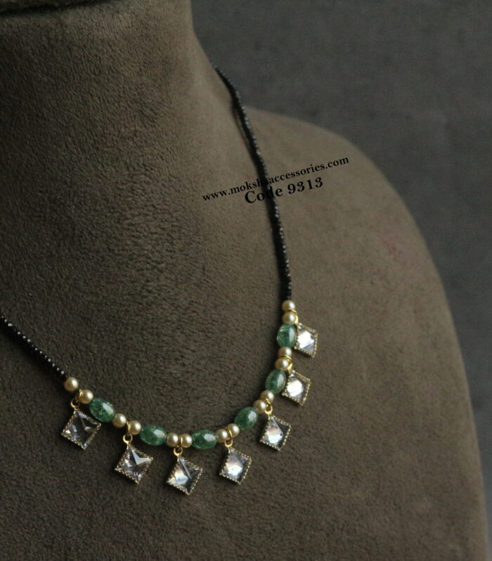 Real cz glass beads with kundan drops and real black beads beads