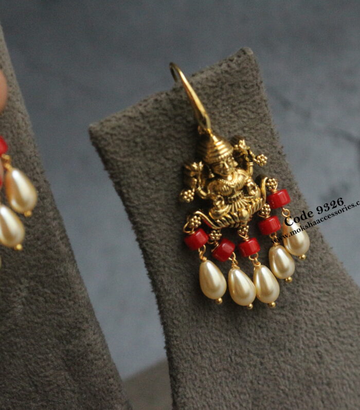 Nakshi lakshmi devi earrings with real corals and sarvoski pearls