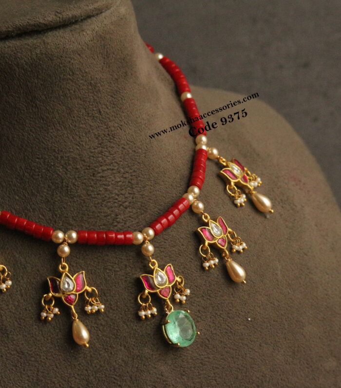 Jadaukundan coral necklace with sarvoski pearl drops