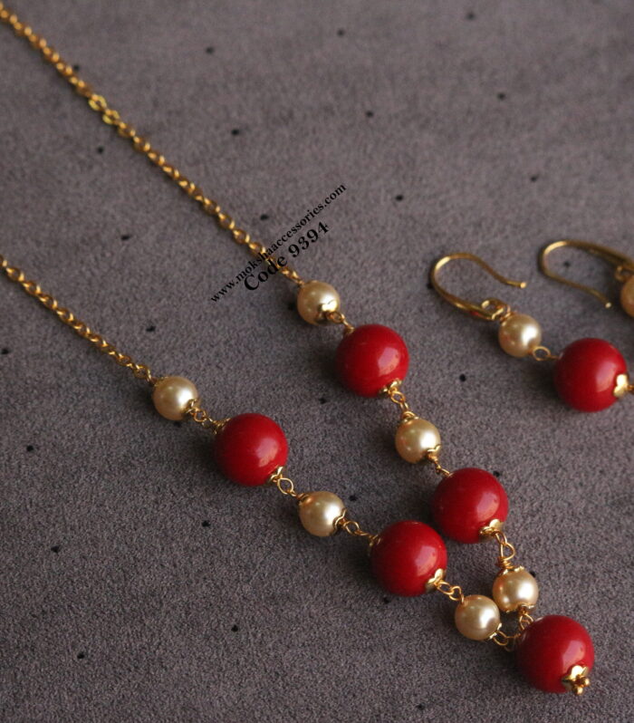 Coral and pearl mala with earrings