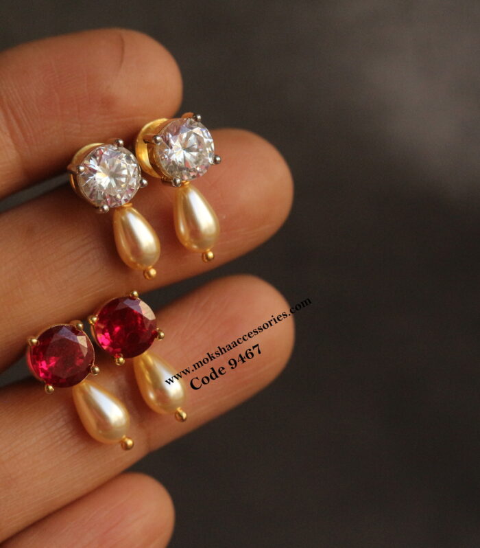 CZ studs with pearl drops and back screw ( Set of 3 pairs)
