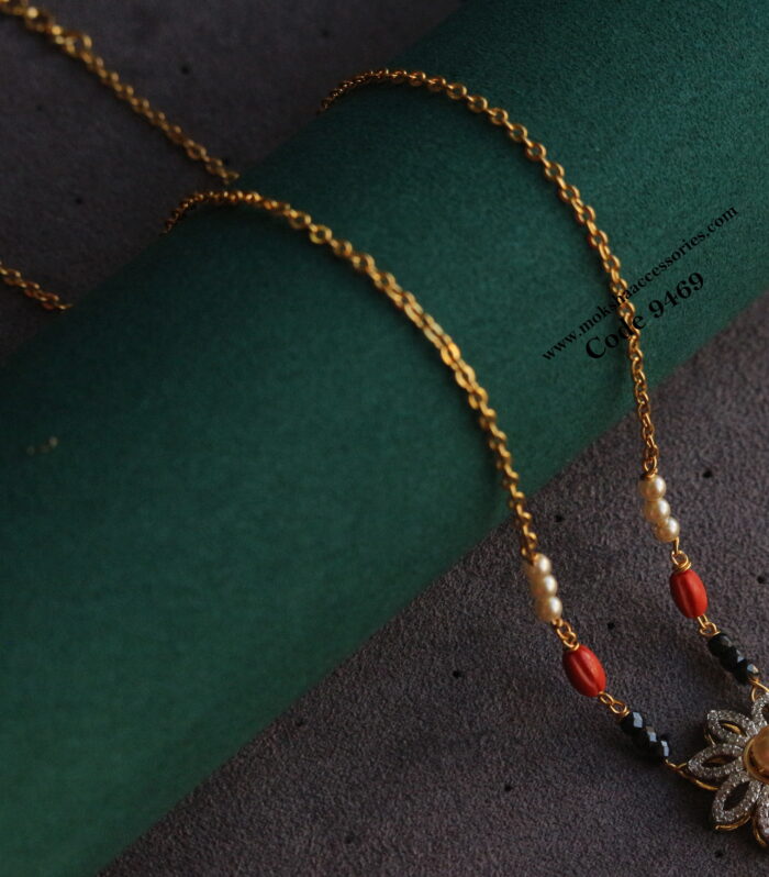 CZ pendant with coral, pearl and black beads chain