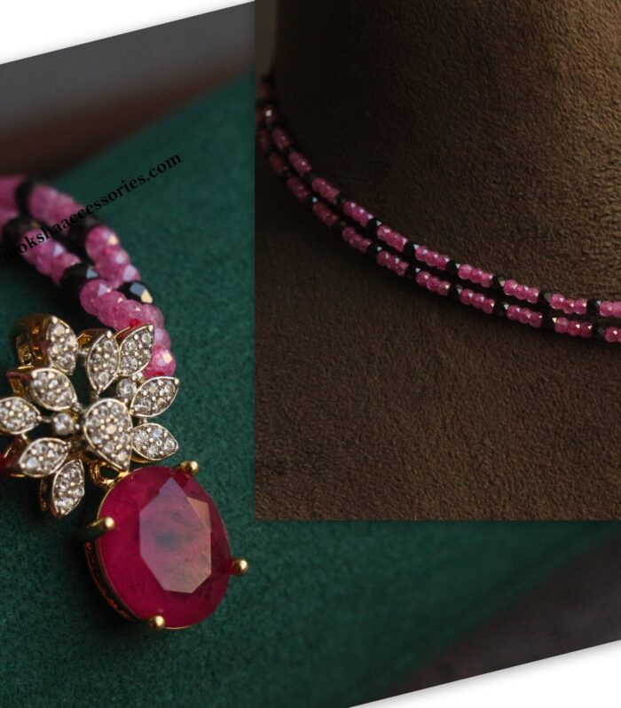 CZ ruby stone pendant with real cz pink and black beads choker