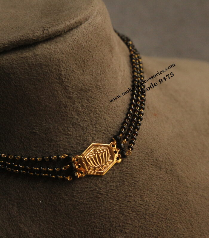 Gold lotus pendant with black beads choker