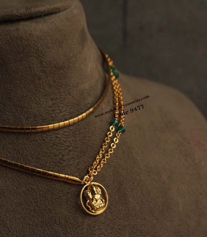 Laskhmi devi pendant with snake chain and gold chain with green beads