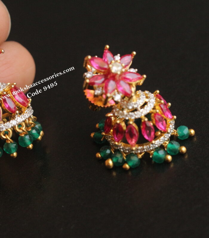 Ruby stone cz jhumki with emerald drops