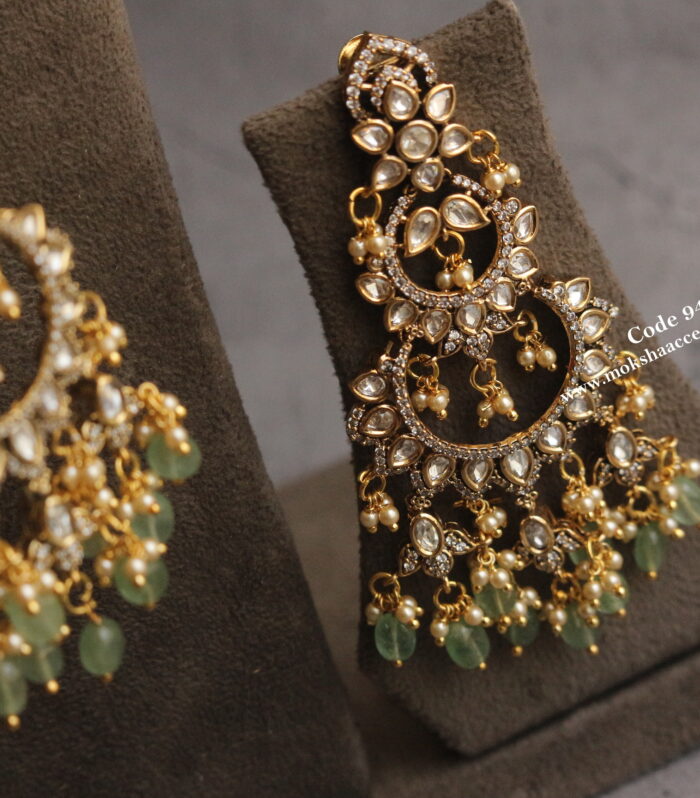 Mozonite and cz stone chandbali earrings with emerald drops