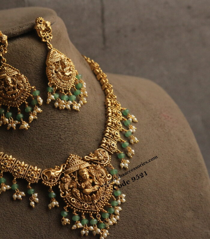 Nakshi lakshmi devi neckset with emerald and pearl drops