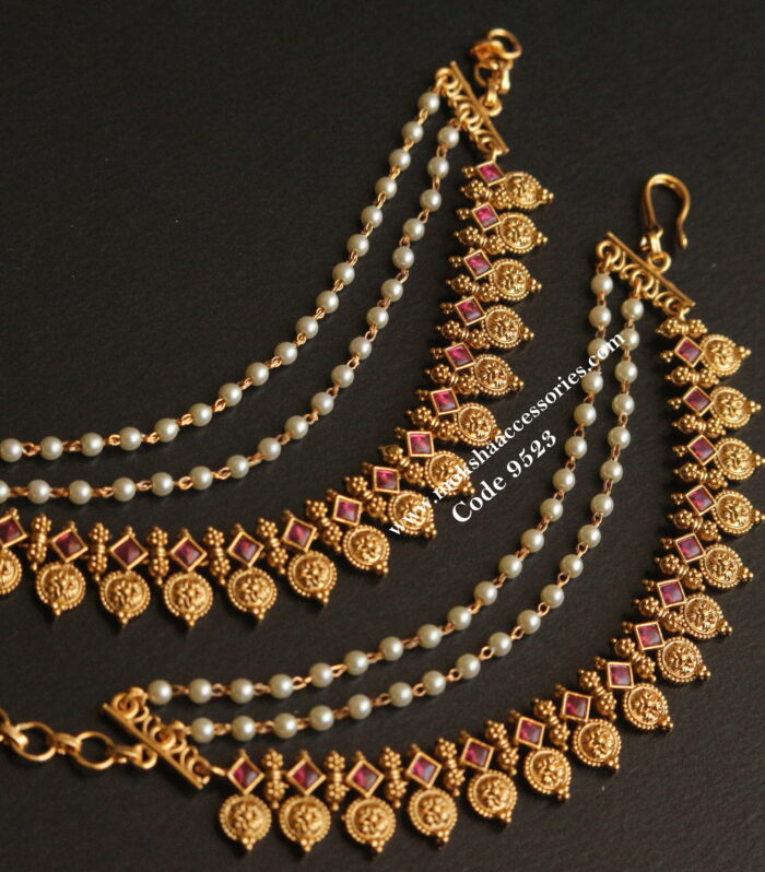 Ruby nakshi ear chains with pearl chains