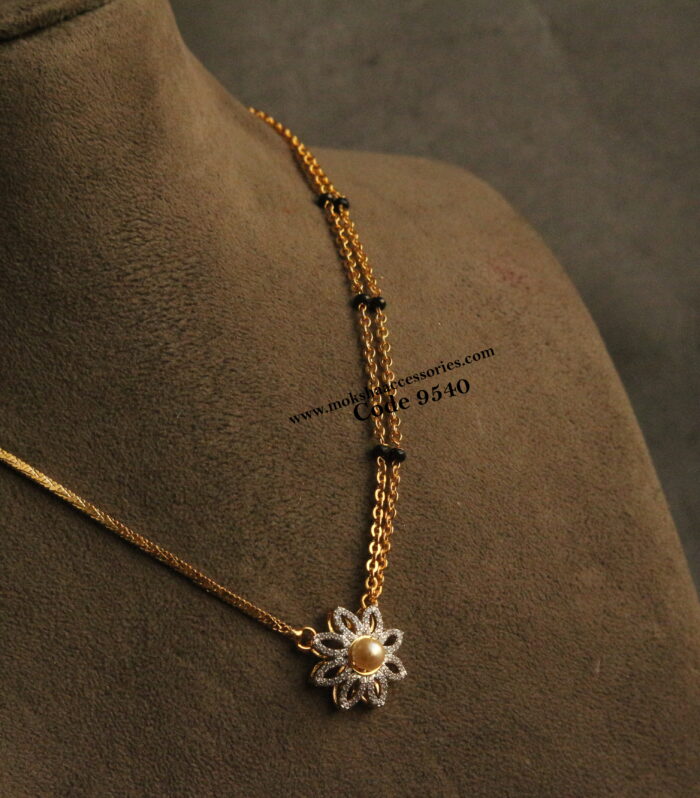 CZ pendant with gold chain and  black beads