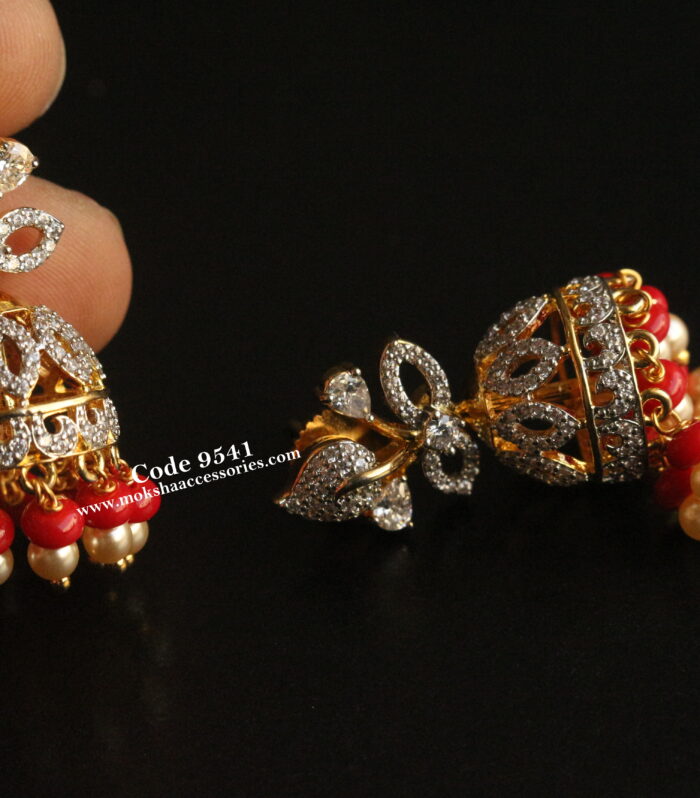 CZ jhumki with coral and pearl drops