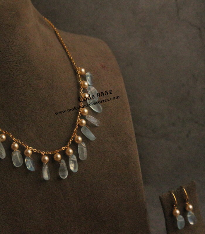 Gold chain with natural beads and sarvoski pearl mala and earrings