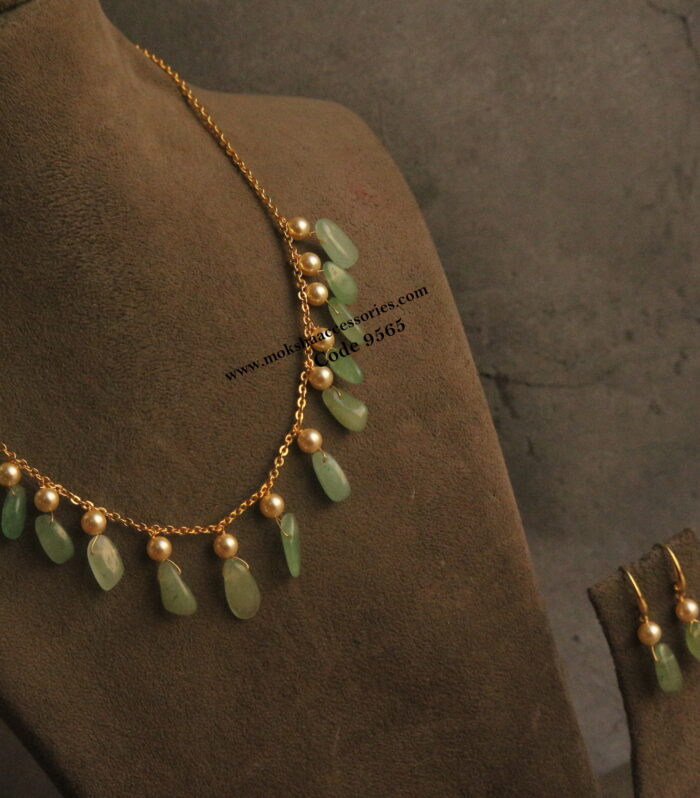 Gold chain with natural beads and sarvoski pearl mala and earrings