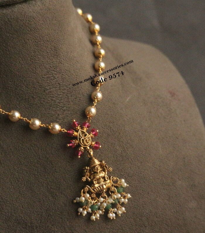 Lakshmi devi nakshi pendant with pearl chain