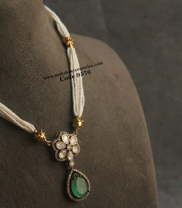 Mozonite stone pendant with nakshi balls and pearl chain