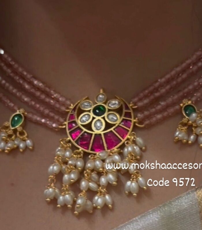 Jadaukundan pendants with real CZ beads and rice pearls