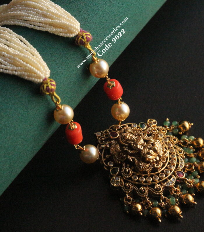 Lakshmi devi nakshi pendant with pearl chain and corals