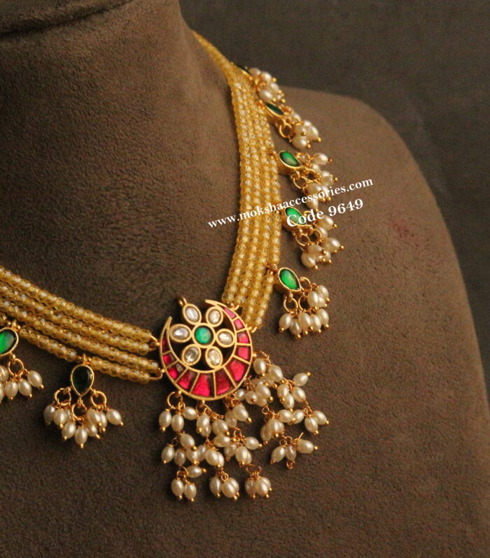 Jadaukundan pendant with real cz yellow beads and rice pearl drops