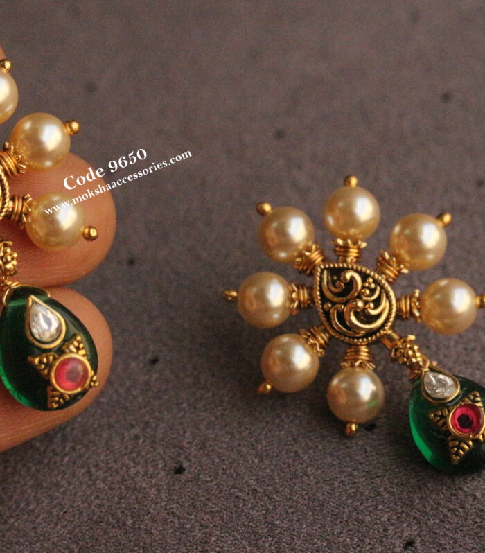 Nakshi studs with emerald stone kundan drops