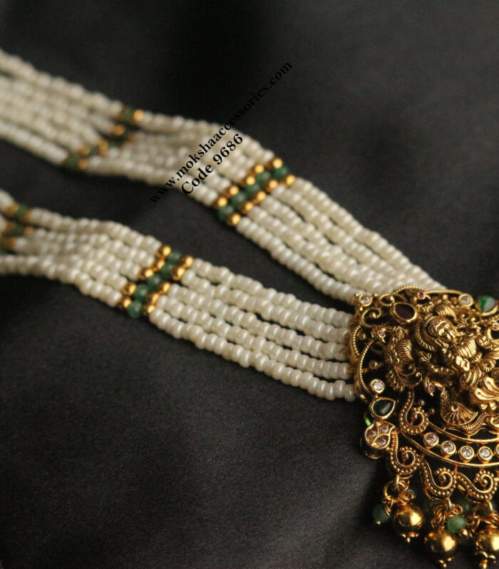 Nakshi lakshmi devi pendant with pearl, emerald and gold balls mala