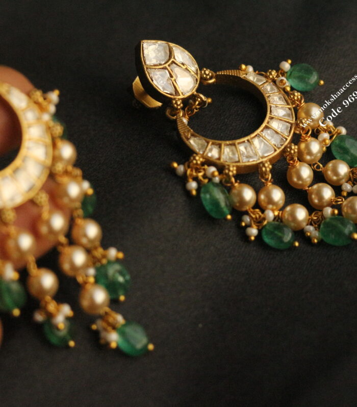 Mozonite stone chandbali earrings with sarvoski pearls and emerald beads