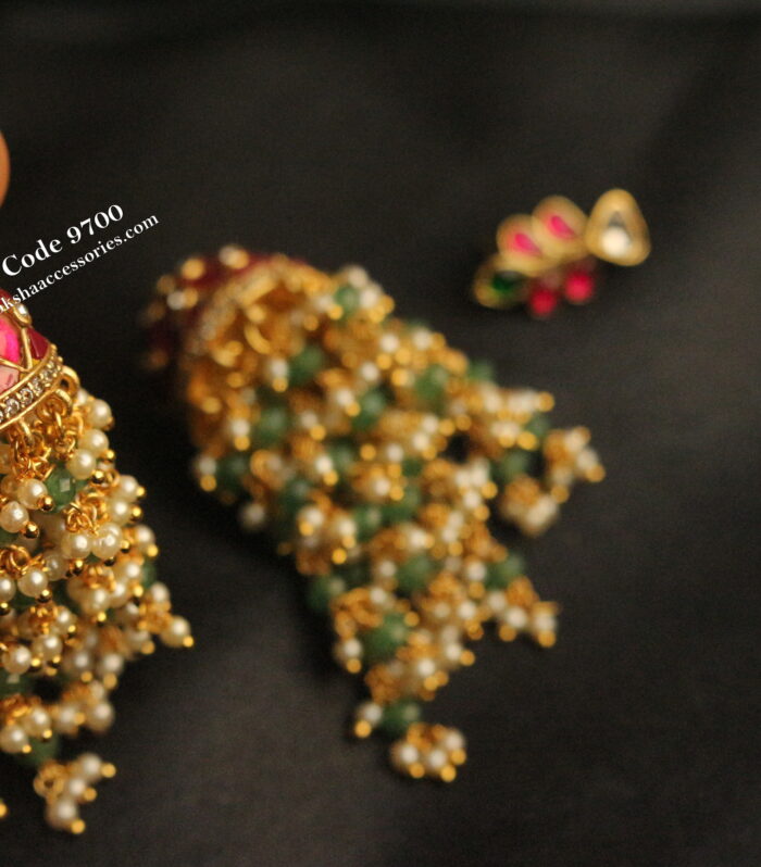 Jadaukundan jhumki with emerald and pearl drops (Changeable studs)