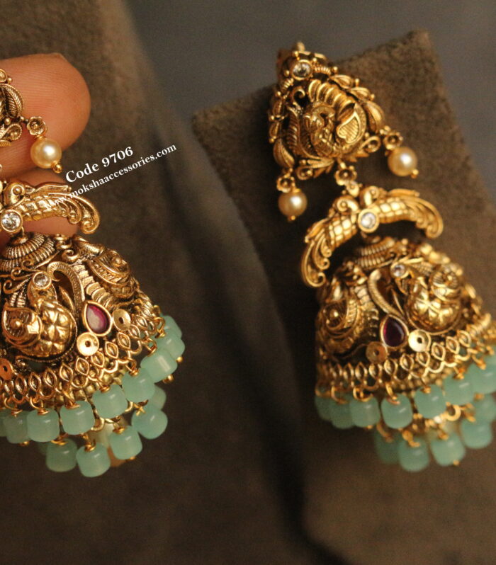 Nakshi jhumki with mint green onyx and sarvoski pearls