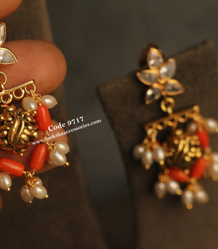 CZ changeable studs with coral and rice pearls