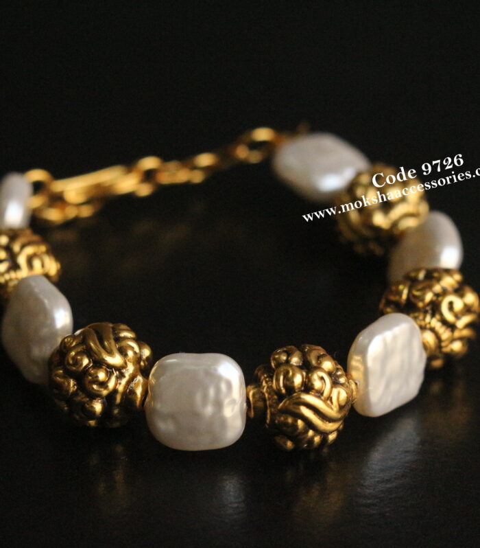 Fresh water pearl and antique gold balls kada (Adjustable in all sizes)