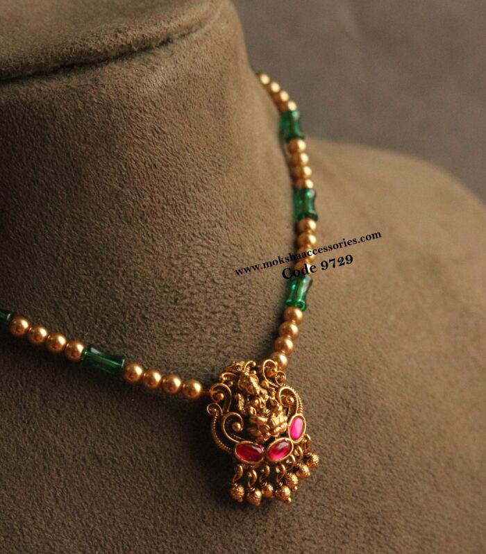 Lakshmi devi nakshi pendant with sarvoski and fancy green beads