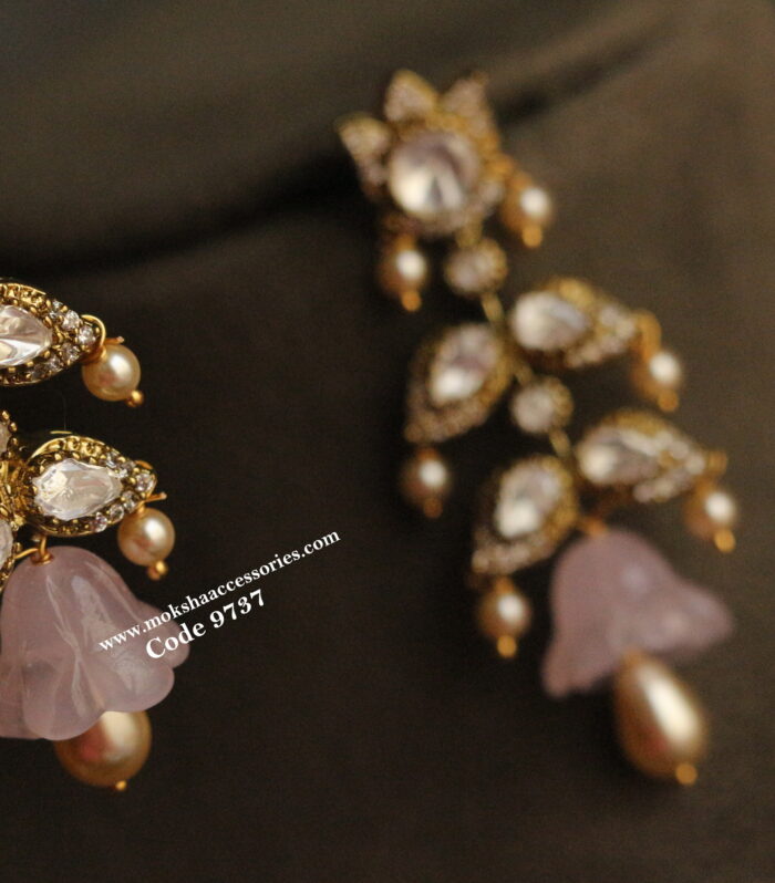 Mozonite stone earrings with glass jhumki and sarvoski pearl drops