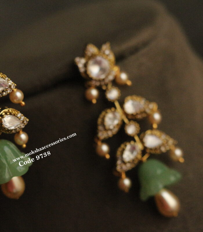 Mozonite stone earrings with glass jhumki and sarvoski pearl drops