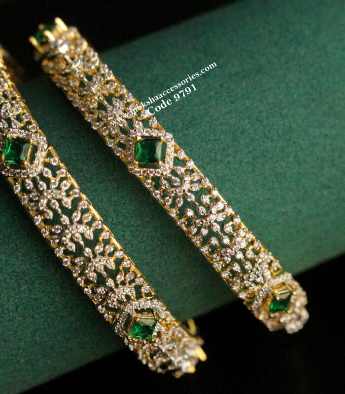 Emerald and cz stone diamond alike bangles (set of 2, available in 2.6 size)