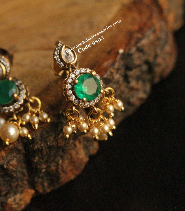 CZ, mozonite and emerald stone earrings with pearl drops