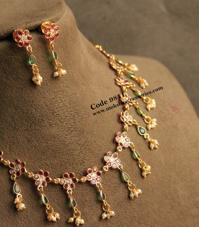 Ruby and emerald cz stone neckset with pearl drops