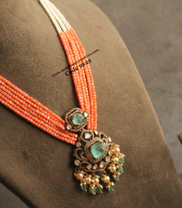 Mozonite stone pendant with square corals and pearl mala