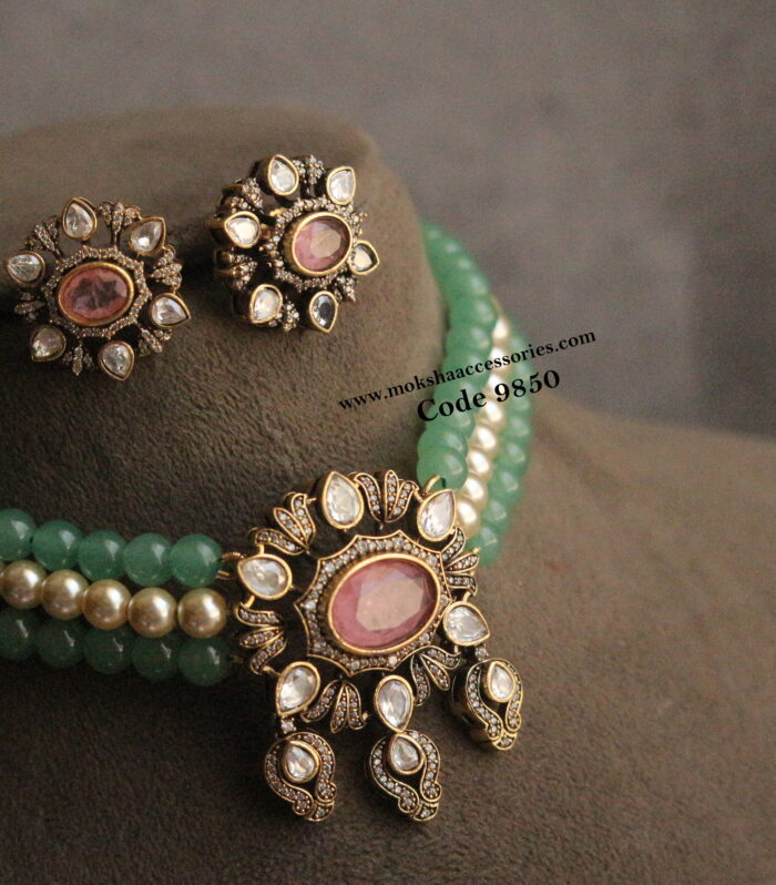 CZ pendant set with aventurine and sarvoski pearls