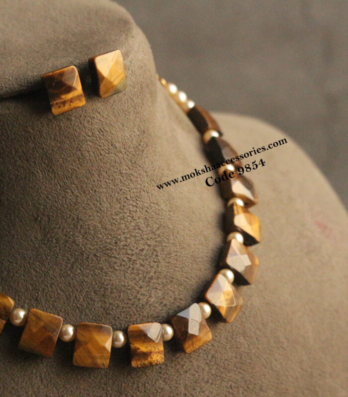 Natural tiger thumbled choker with sarvoski pearls